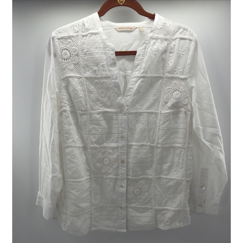 Soft Surroundings Eleanor Crochet Button Up Womens S White Patchwork Boho Fairy